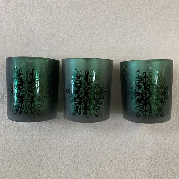 3 Glass Candle Holder Votive Tealight Christmas Holiday Snowflake Green Silver - Picture 4 of 16